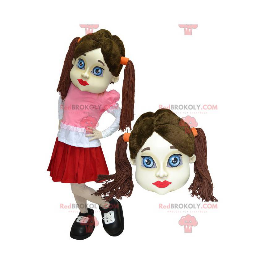Mascot brunette girl with quilts dressed in a skirt -