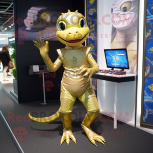 Gold Lizard mascot costume character dressed with a Pencil Skirt and Watches