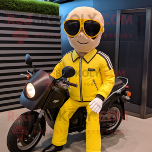 Yellow Soccer Goal mascot costume character dressed with a Moto Jacket and Sunglasses