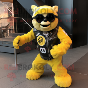 Yellow Soccer Goal mascot costume character dressed with a Moto Jacket and Sunglasses