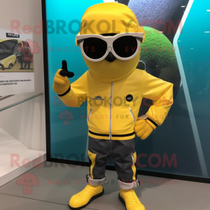 Yellow Soccer Goal mascot costume character dressed with a Moto Jacket and Sunglasses