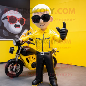 Yellow Soccer Goal mascot costume character dressed with a Moto Jacket and Sunglasses