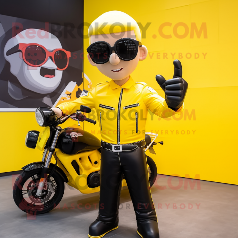 Yellow Soccer Goal mascot costume character dressed with a Moto Jacket and Sunglasses Yellow Soccer Goal mascot costume character dressed with a Moto Jacket and Sunglasses