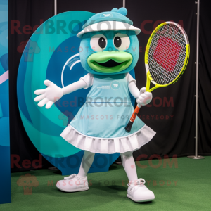 Teal Tennis Racket mascot costume character dressed with a Circle Skirt and Gloves