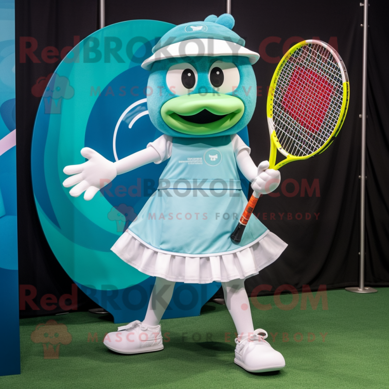 Teal Tennis Racket mascot costume character dressed with a Circle Skirt and Gloves Teal Tennis Racket mascot costume character dressed with a Circle Skirt and Gloves