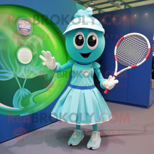Teal Tennis Racket mascot costume character dressed with a Circle Skirt and Gloves