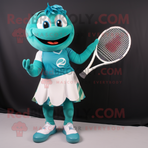 Teal Tennis Racket mascot costume character dressed with a Circle Skirt and Gloves