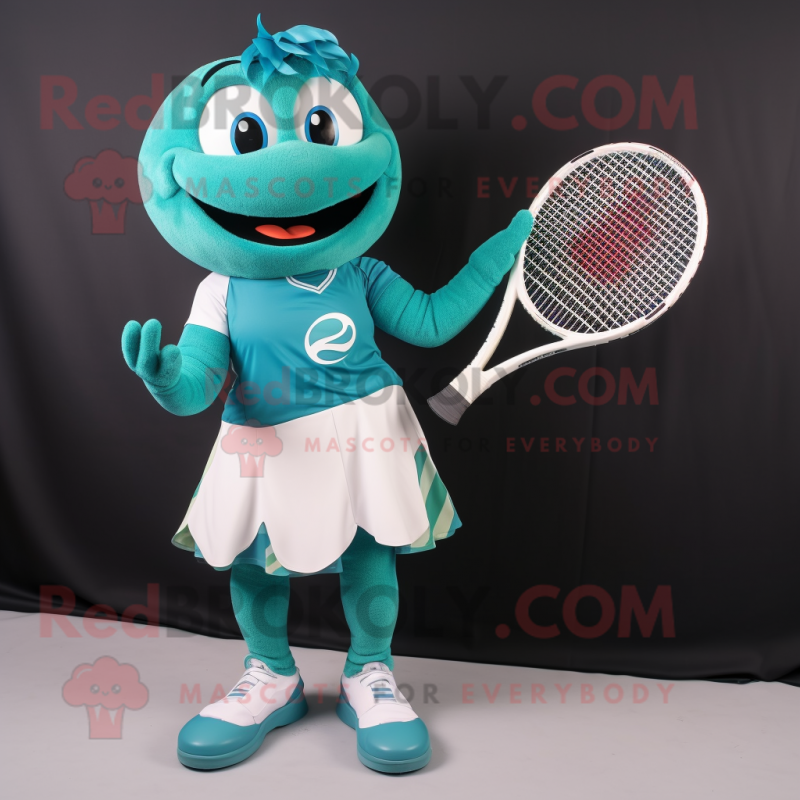Teal Tennis Racket mascot costume character dressed with a Circle Skirt and Gloves Teal Tennis Racket mascot costume character dressed with a Circle Skirt and Gloves
