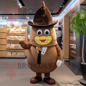 Brown Pear mascot costume character dressed with a Suit Jacket and Hats