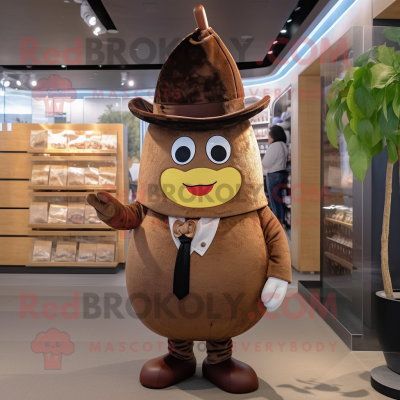 Brown Pear mascot costume character dressed with a Suit Jacket and Hats Brown Pear mascot costume character dressed with a Suit Jacket and Hats