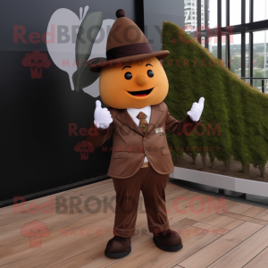 Brown Pear mascot costume character dressed with a Suit Jacket and Hats