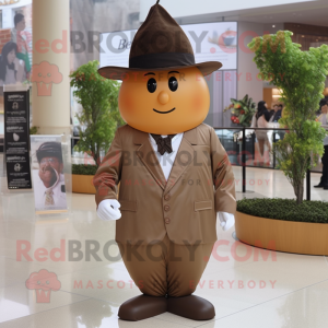 Brown Pear mascot costume character dressed with a Suit Jacket and Hats