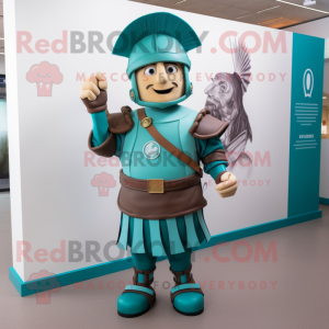 Teal Roman Soldier mascot costume character dressed with a Romper and Cufflinks