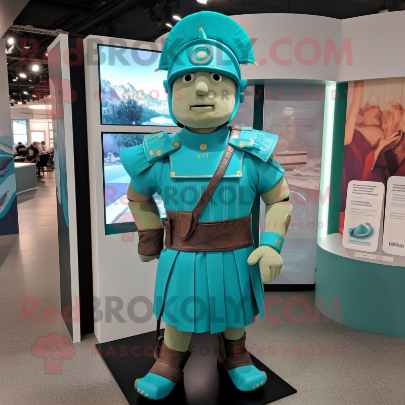 Teal Roman Soldier mascot costume character dressed with a Romper and Cufflinks Teal Roman Soldier mascot costume character dressed with a Romper and Cufflinks