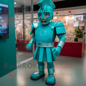 Teal Roman Soldier mascot costume character dressed with a Romper and Cufflinks