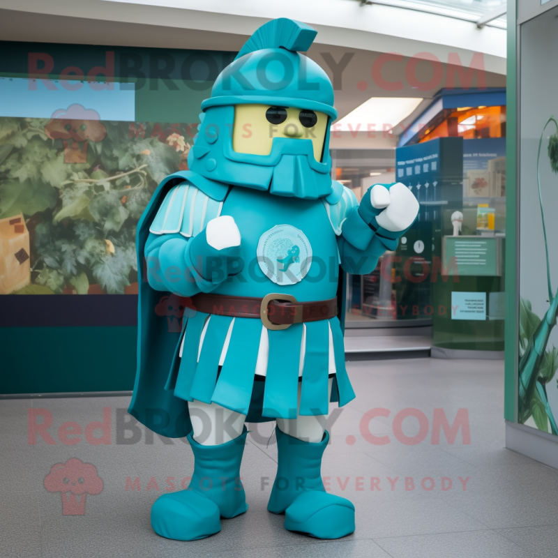 Teal Roman Soldier mascot costume character dressed with a Romper and Cufflinks