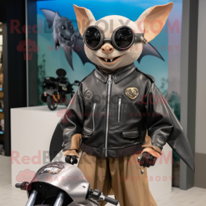Tan Fruit Bat mascot costume character dressed with a Biker Jacket and Bracelet watches