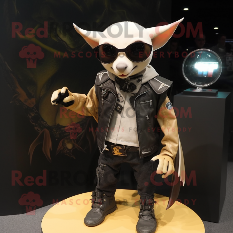 Tan Fruit Bat mascot costume character dressed with a Biker Jacket and Bracelet watches Tan Fruit Bat mascot costume character dressed with a Biker Jacket and Bracelet watches