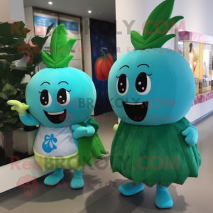 Turquoise Radish mascot costume character dressed with a Shift Dress and Messenger bags