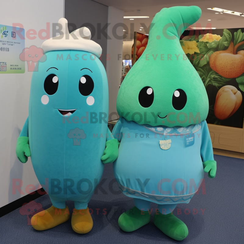 Turquoise Radish mascot costume character dressed with a Shift Dress and Messenger bags