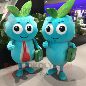 Turquoise Radish mascot costume character dressed with a Shift Dress and Messenger bags