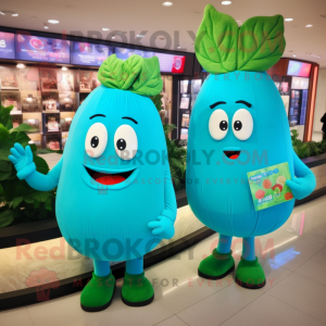 Turquoise Radish mascot costume character dressed with a Shift Dress and Messenger bags