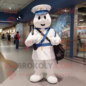 White Navy Soldier mascot costume character dressed with a Overalls and Messenger bags