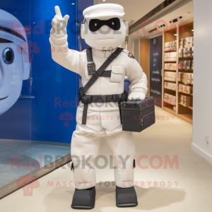 White Navy Soldier mascot costume character dressed with a Overalls and Messenger bags