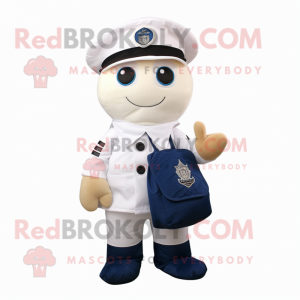 White Navy Soldier mascot costume character dressed with a Overalls and Messenger bags