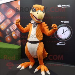 Orange Deinonychus mascot costume character dressed with a Empire Waist Dress and Smartwatches