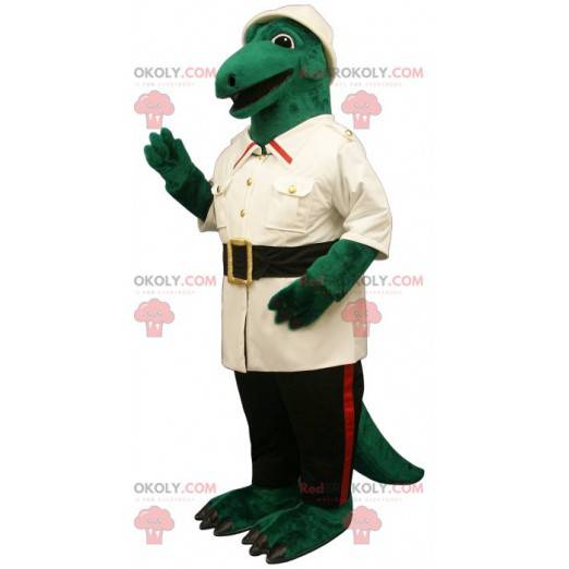 Mascota cocodrilo verde vestida como exploradora -