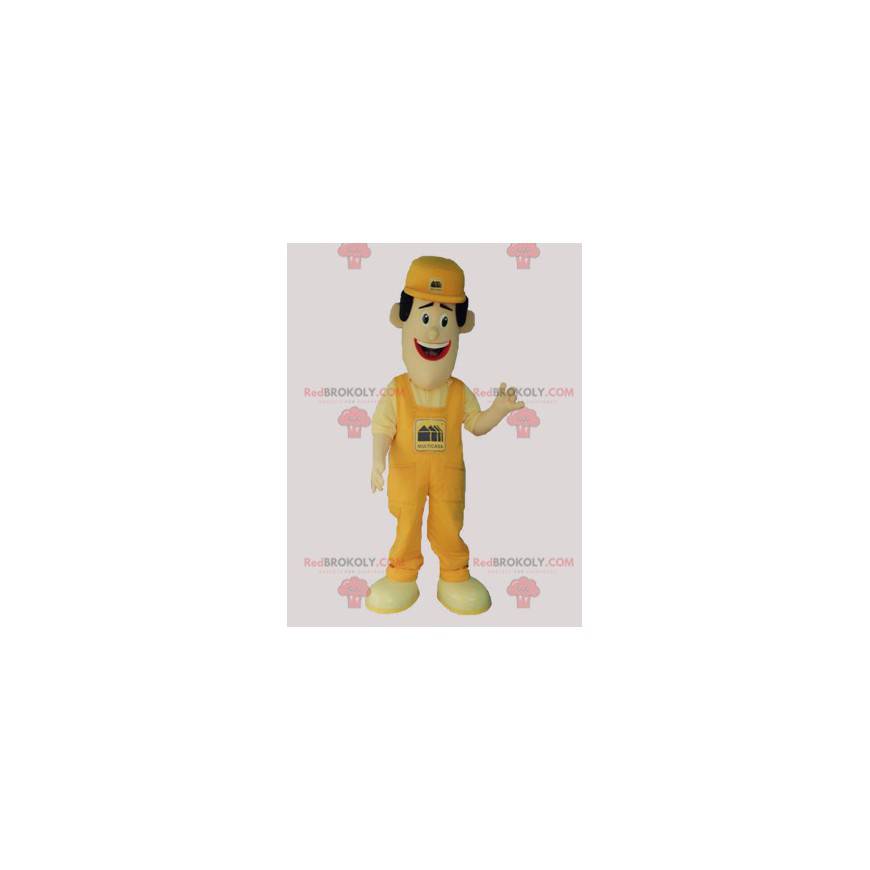 Homem mascote de macacão e boné amarelo - Redbrokoly.com