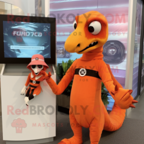 Orange Deinonychus mascot costume character dressed with a Empire Waist Dress and Smartwatches