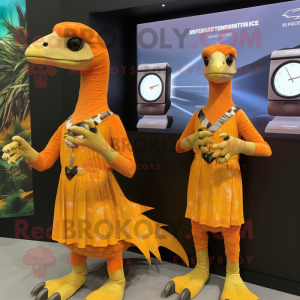 Orange Deinonychus mascot costume character dressed with a Empire Waist Dress and Smartwatches