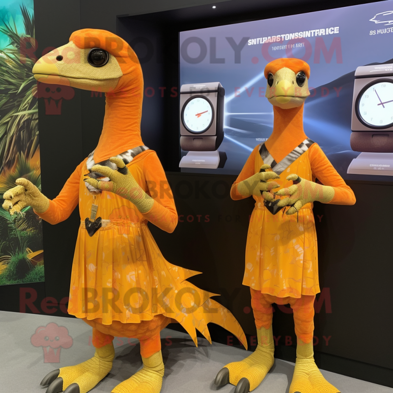 Orange Deinonychus mascot costume character dressed with a Empire Waist Dress and Smartwatches Orange Deinonychus mascot costume character dressed with a Empire Waist Dress and Smartwatches