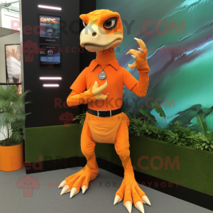 Orange Deinonychus mascot costume character dressed with a Empire Waist Dress and Smartwatches