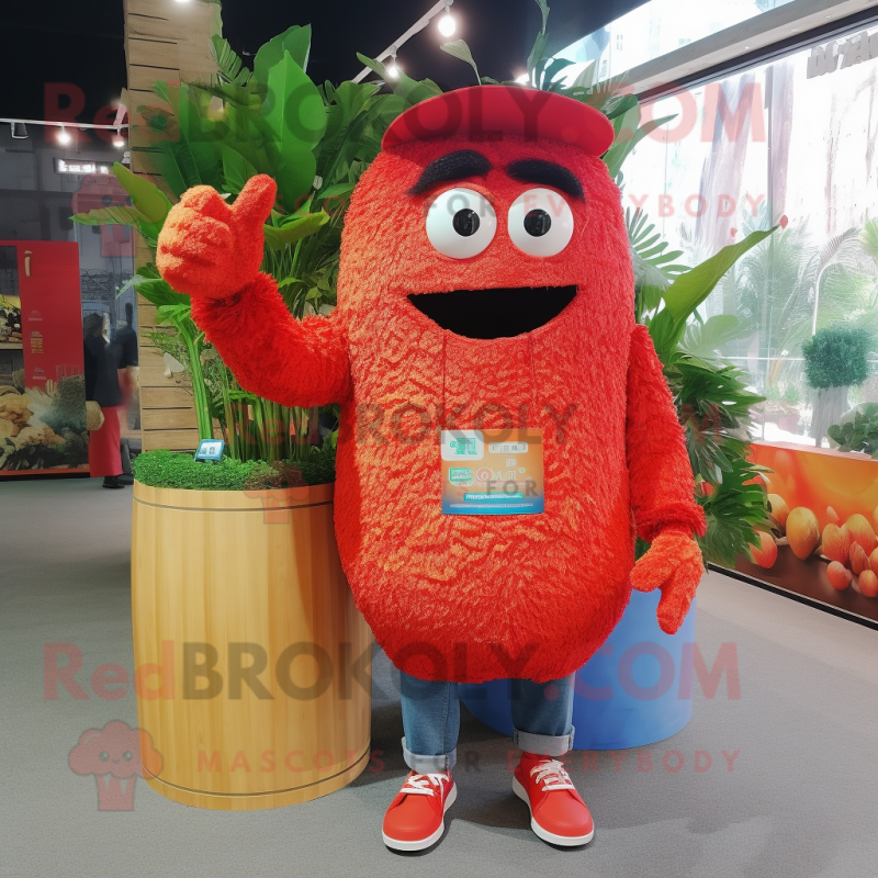Red Fried Rice mascot costume character dressed with a Denim Shorts and Gloves Red Fried Rice mascot costume character dressed with a Denim Shorts and Gloves