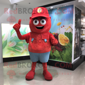 Red Fried Rice mascot costume character dressed with a Denim Shorts and Gloves