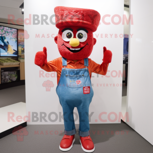 Red Fried Rice mascot costume character dressed with a Denim Shorts and Gloves