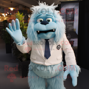 Cyan Yeti mascot costume character dressed with a Oxford Shirt and Ties