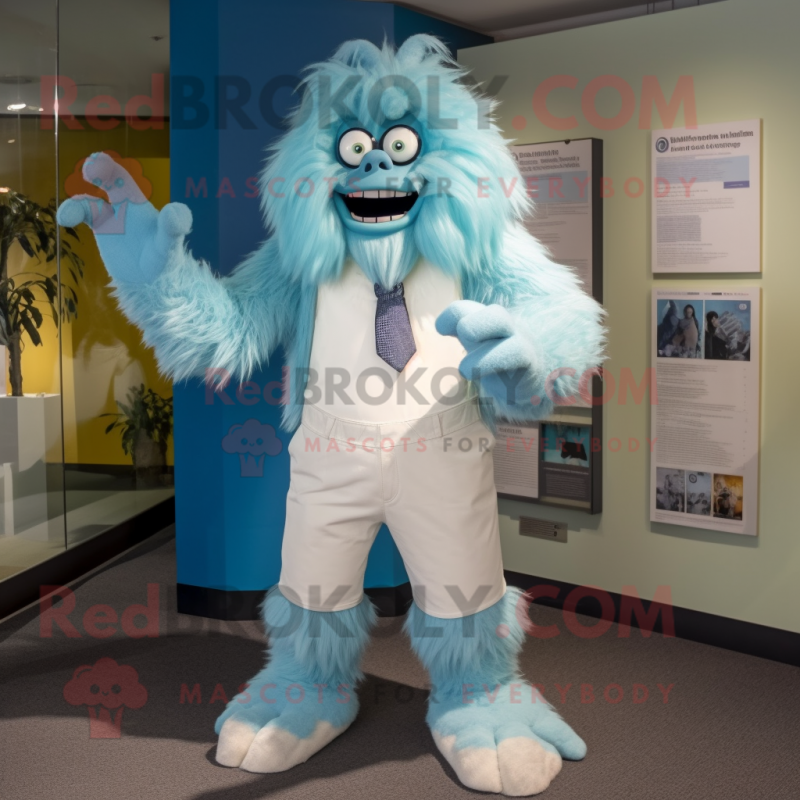 Cyan Yeti mascot costume character dressed with a Oxford Shirt and Ties Cyan Yeti mascot costume character dressed with a Oxford Shirt and Ties