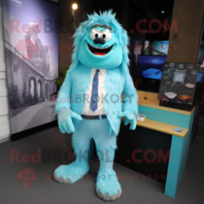 Cyan Yeti mascot costume character dressed with a Oxford Shirt and Ties