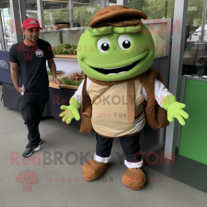 Olive Pulled Pork Sandwich mascot costume character dressed with a Jumpsuit and Messenger bags