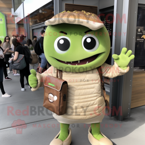 Olive Pulled Pork Sandwich mascot costume character dressed with a Jumpsuit and Messenger bags