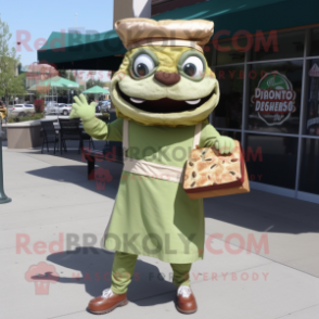 Olive Pulled Pork Sandwich mascot costume character dressed with a Jumpsuit and Messenger bags
