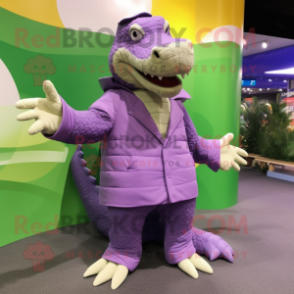 Lavender Crocodile mascot costume character dressed with a Coat and Foot pads