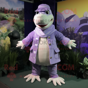 Lavender Crocodile mascot costume character dressed with a Coat and Foot pads