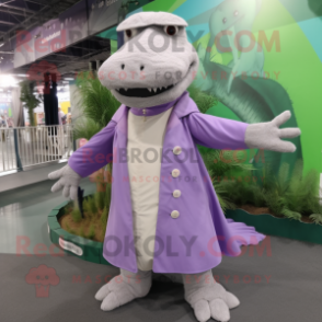 Lavender Crocodile mascot costume character dressed with a Coat and Foot pads