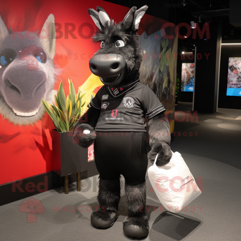 Black Donkey mascot costume character dressed with a Rash Guard and Handbags Black Donkey mascot costume character dressed with a Rash Guard and Handbags