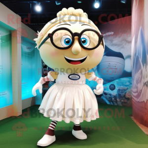 Cream Rugby Ball mascot costume character dressed with a Maxi Skirt and Eyeglasses